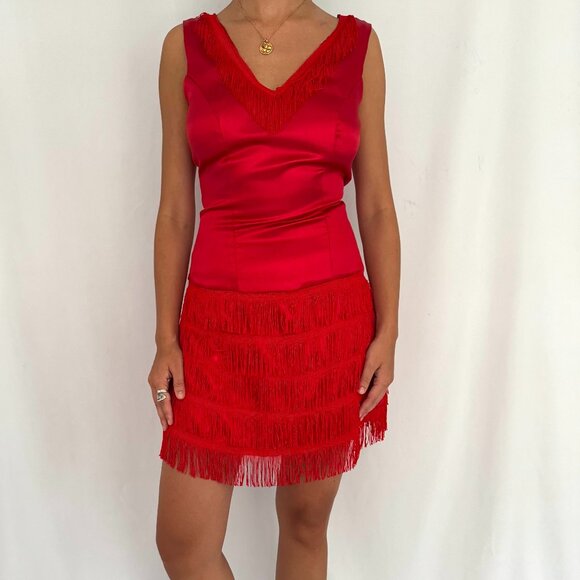 1920s style 60s vintage red flapper silky fringed trim dance costume party dress - Picture 1 of 9